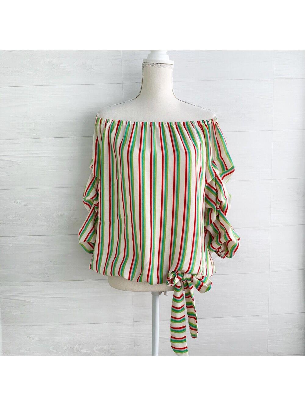 Coco Bianco Multicolor Stripe Off Shoulder Blouse L Balloon Sleeve Boho